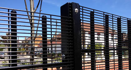 Black 358 mesh panels installed on black post form a strong and security fencing