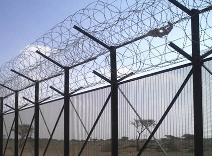 Concertina wire mounted on 358 mesh fencing forms a high security fencing