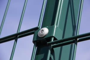 Two twin wire mesh panels installed to a post using clips